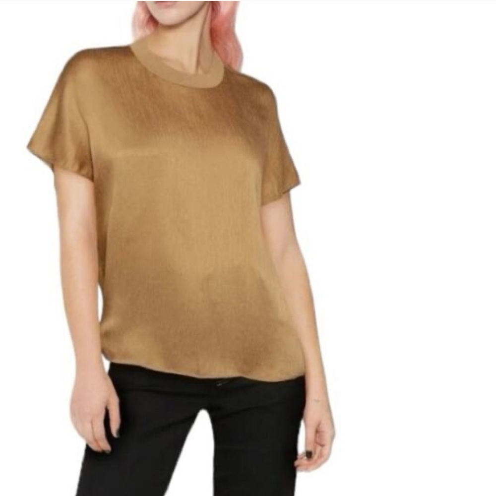 NWT Vince | Women’s Tan/Gold 100% Silk Cap Sleeve Mini Pleat Crewneck Top, XXS